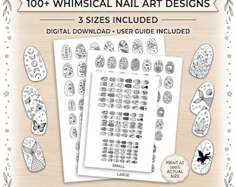 Whimsical Nail Art Templates Printable | 100+ Fantasy Nail Designs | A4 PDF Digital Download | 3 Sizes | DIY Nail Decals | Nail Practice
