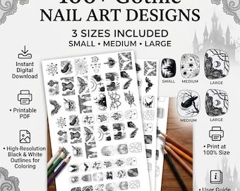 Gothic Nail Art Templates Printable | 100+ Dark Nail Designs | DIY Nail Stencils PDF | Halloween Nail Art | Gel Polish Painting Guide