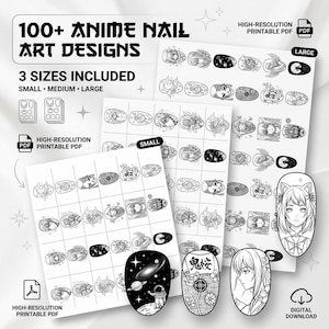 Könnte beinhalten: Eine digitale Sammlung von über 100 Anime-Nagelkunst-Designs auf druckbaren Bögen in kleinen, mittleren und großen Größen. Die schwarz-weißen Illustrationen zeigen verschiedene Charaktere, Weltraummotive und Muster als hochauflösende PDF-Datei.