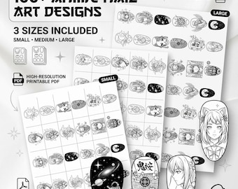 Plantillas imprimibles de diseños de uñas inspirados en el anime / Más de 100 diseños de uñas estilo manga / Descarga digital en PDF A4 / 3 tamaños / Calcomanías para uñas DIY