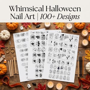 May include: Three white sheets featuring black line art nail decals with Halloween themes including ghosts, pumpkins, bats, and witches. The text Whimsical Halloween Nail Art | 100+ Designs is printed at the top. The sheets are surrounded by pumpkins, candles, and tools.