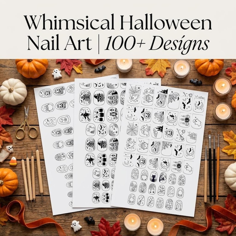 May include: Three white sheets featuring black line art nail decals with Halloween themes including ghosts, pumpkins, bats, and witches. The text Whimsical Halloween Nail Art | 100+ Designs is printed at the top. The sheets are surrounded by pumpkins, candles, and tools.