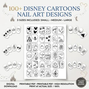 Nagelsjablonen met Disney-figuren - Meer dan 100 unieke ontwerpen, printbare nagelpatronen, doe-het-zelf nagelstickers, A4 PDF digitale download, 3 formaten