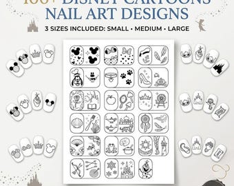 Disney Characters Nail Art Templates - 100+ Unique Designs, Printable Nail Patterns, DIY Nail Decals, A4 PDF Digital Download, 3 Sizes