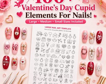 Valentine's Day Nail Art Templates Printable | 100+ Cupid & Love Nail Designs | A4 PDF Digital Download | 3 Sizes | DIY Nail Decals