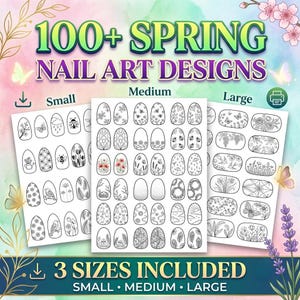 Può includere: Una collezione digitale di oltre 100 design di nail art primaverili presentati su tre fogli stampabili etichettati come piccolo, medio e grande. Ogni foglio presenta varie illustrazioni a linee bianche e nere di fiori, farfalle, uccelli e insetti.