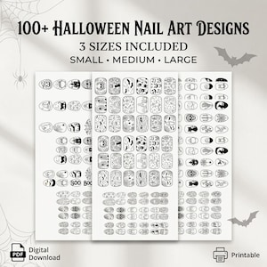 May include: A digital file containing 100+ Halloween nail art designs in small, medium, and large sizes. The sheet features black and white line art illustrations of ghosts, skulls, bats, cats, and pumpkins arranged in a grid for printing.