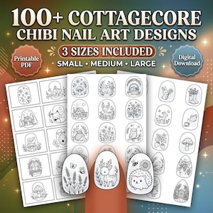 Könnte beinhalten: Ein digitaler Download mit über 100 Cottagecore-Chibi-Nagelkunst-Designs in drei Größen. Das druckbare PDF enthält schwarz-weiße Strichzeichnungen von Tieren, Pflanzen und Naturszenen, die in Rastern für die Nagelkunst angeordnet sind.