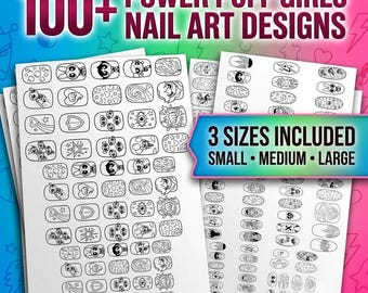 PowerPuff Girls Cartoon Nail Art Templates Printable | 100+ Girl Power Nail Designs PDF | Kawaii Nail Stencils | DIY Nail Art Practice Sheet