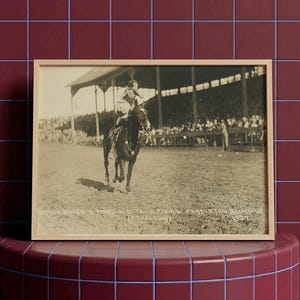 May include: A framed black and white photograph depicting a person performing trick riding on a horse at the Pendleton Round-Up in 1927. The image shows a dirt arena with a grandstand filled with spectators in the background and text at the bottom.