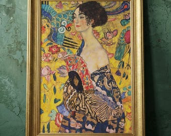 Gustav Klimt Lady with Fan Print | Art Nouveau Wooden - Vintage Framed Art Print Poster | Vintage Wall Art
