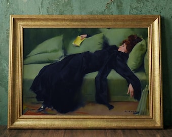 Vintage Portrait Wall Art – Decadent Young Woman, Emerald Green, After the Dance, Moody Decor