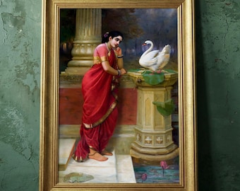 Ravi Varma - Princess Damayanthi talking with Royal Swan Wooden or Vintage Framed Wall Art