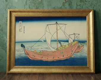 Sea Lane Kazusa Framed Poster, Japanese Wall Art, Vintage Woodblock Canvas, Mount Fuji Large Print