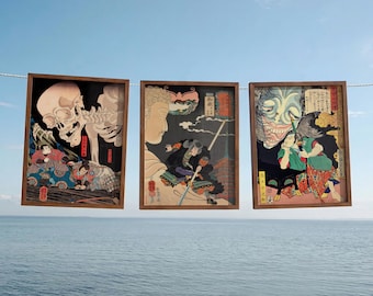 Set of 3 Samurai Wooden Framed Wall Art, Utagawa Kuniyoshi & Yoshitoshi Ukiyo-e Prints