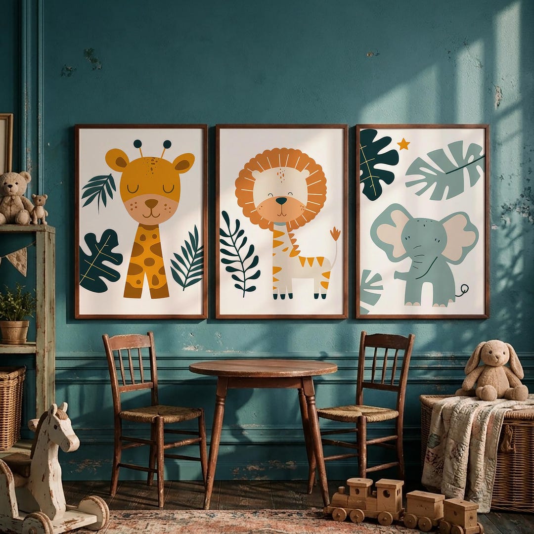Cute Jungle Animals Giraffe Elephant Lion Nursery Kids Wall Art Set of ...