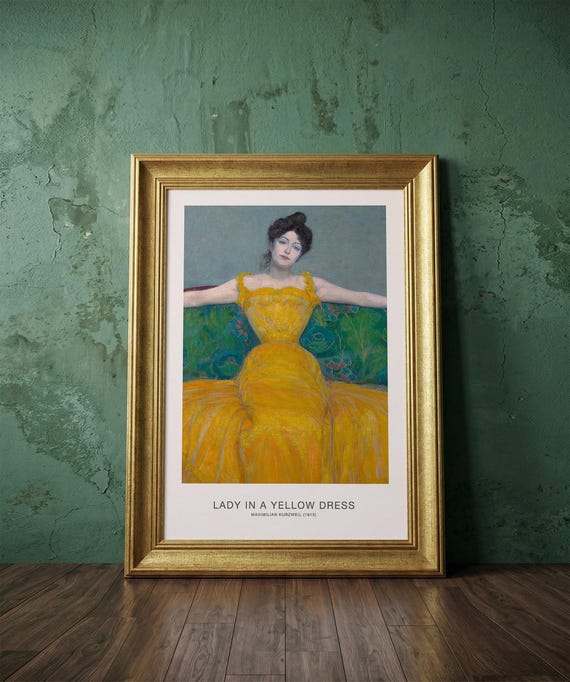max kurzweil lady in yellow dress Print – Maximilian Vintage Art, Framed Wall Decor woman in yellow painting