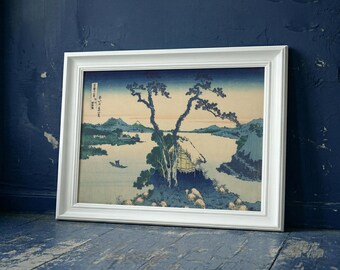 Lake Suwa Framed Poster, Japanese Wall Art, Vintage Woodblock Canvas, Mount Fuji Large Print