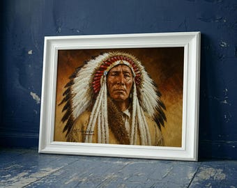 Blackfoot Warrior Chief Framed Poster, Native American Indian Wall Art, Indigenous Portrait Print