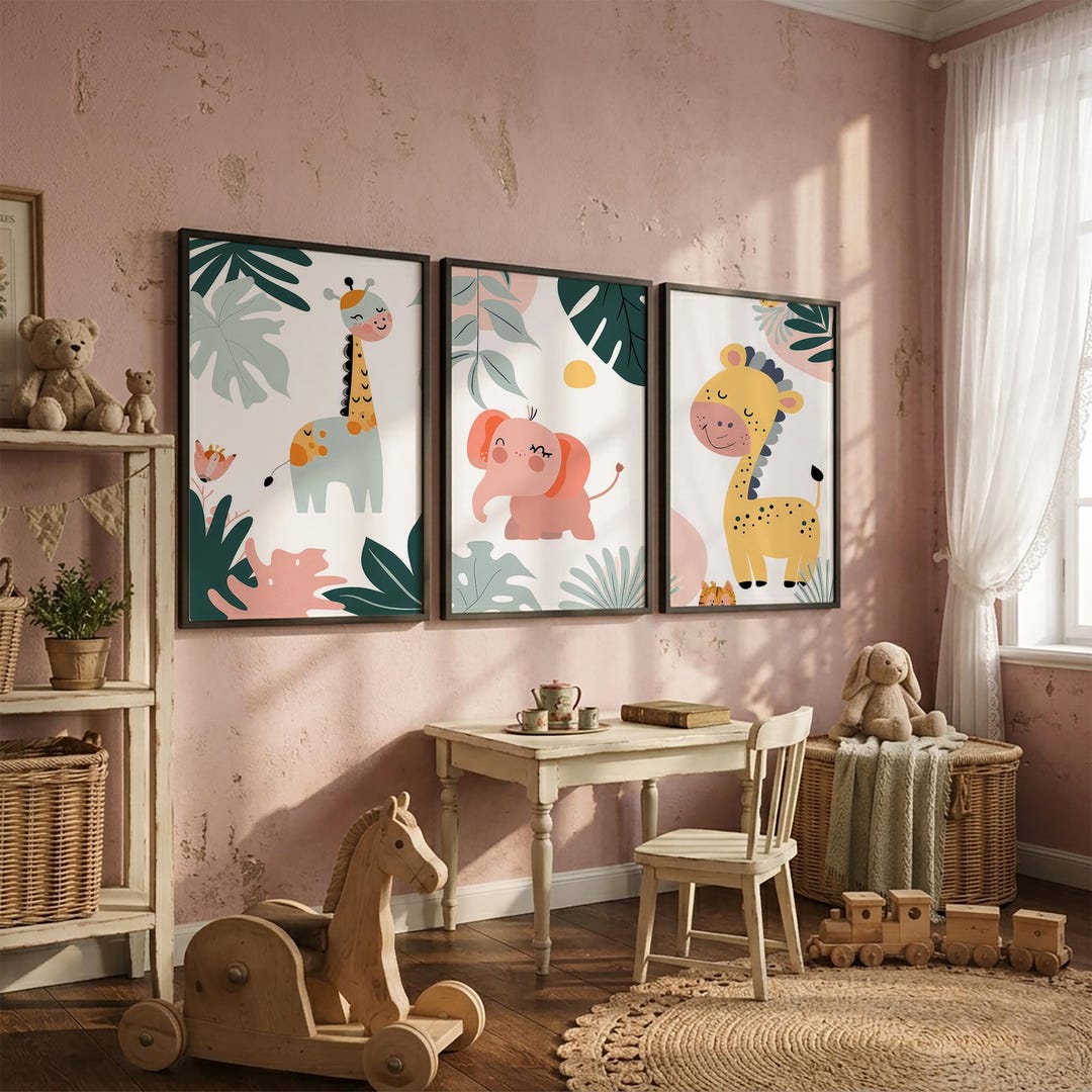 Cute Jungle Animals Giraffe Elephant Tropical Nursery Kids Wall Art Set ...