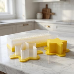 May include: A set of kitchen tools including a rectangular clear plastic container with a yellow base, a star-shaped clear plastic cutter with a yellow base, and a solid yellow star-shaped press, all arranged together on a white surface.