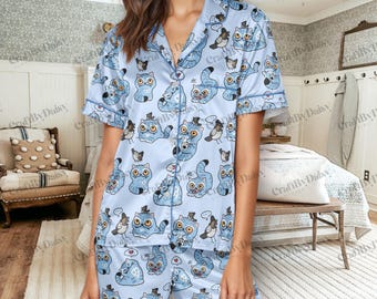 Kpop Demon Hunters Tiger Satin Pajama Set, Jinu’s Pets from K-pop Demon Hunters, Derpy Tiger & Magpie Pajama Set | Kdrama Sleepwear
