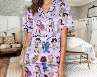 Huntrix Saja Boys K-Pop Demon Hunters Satin Pajama Set – K-Pop Demon Hunters Sleepwear, Short & Long Sleeve Pjs, Gift For Kpop Lovers