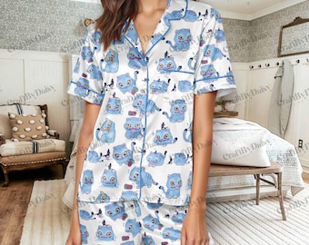 Kpop Demon Hunters Tiger Satin Pajama Set, Derpy Tiger & Magpie Pajama Set – Jinu’s Pets from K-pop Demon Hunters | Kdrama Sleepwear