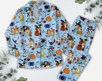 Bluey Halloween Satin Pajamas Set, Booey Halloween Pjs Set, Blue Dog Halloween Pajamas Set, Spooky Vibes, Blue Cartoon, Halloween Gift