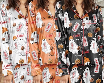 Halloween Diet Coke Pajamas Satin Set, Diet Coke Ghost Halloween PJs, Funny Skeleton Diet Coke, I need A Diet Coke, Halloween Outfits