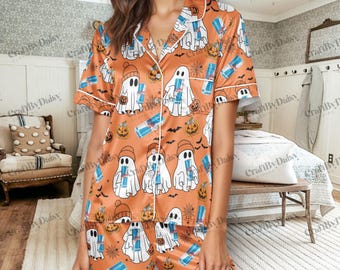 Red Bull Energy Boo Halloween Satin Pajamas Set For Women, Ghost Halloween Sleepwear, Cute Boo Loungewear Gift for Red Bull Lovers