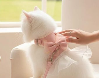 Cat Harness and Leash with Bowknot, Adjustable Nylon Dress Harness for Cats, Kitten Walking Vest, Puppy Harness for Chihuahua