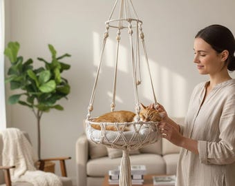 Hamaca colgante de macramé para gatos • Columpio tejido estilo boho para gatos • Hamaca de interior para mascotas • Muebles decorativos y acogedores para gatos para la decoración del hogar