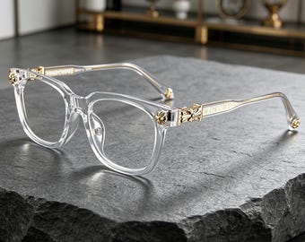 Chrome Hearts Inspired Gothic Cross Glasses, Transparent White Gold Frame, Y2K Punk Style, Unisex Blue Light Blocking