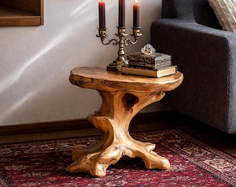 Mesita auxiliar rústica de madera de raíz con borde natural, hecha a mano, estilo gótico. Muebles de madera natural. Mesita de noche única.