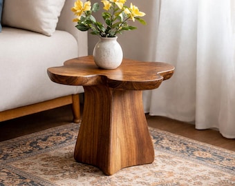 Flower Shape Wood End Table Handmade Solid Wood Side Table Modern Organic Accent Table Unique Living Room Furniture