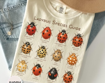 T-shirt met gids voor lieveheersbeestjessoorten, vintage insecten-T-shirt, cottagecore-stijl, comfortabel, kleurrijk, natuur, entomologie, wetenschap, leraar, cadeau voor dames en heren