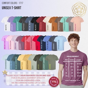 以下が含まれることがあります： Comfort Colors 1717ユニセックスTシャツのカラーチャート。ホワイト、バイオレット、シーフォーム、ペッパー、ブルージーン、ブラック、クリムゾン、アイボリー、ヤム、エスプレッソ、チョーキーミント、グレー、ピーチー、ネオンバイオレット、ブロッサム、オーキッド、ベリー、ウォーターメロン、クランチベリー、レッド、トゥルーネイビー、フローブルー、デニム、ハイドレンジア、シャンブレー、アイスブルー、ブルースプルース、バター、マスタード、ベイ、セージ、ライトグリーン、モスなどの色とサイズ表が表示されています。