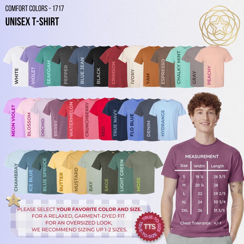 以下が含まれることがあります： Comfort Colors 1717ユニセックスTシャツのカラーチャート。ホワイト、バイオレット、シーフォーム、ペッパー、ブルージーン、ブラック、クリムゾン、アイボリー、ヤム、エスプレッソ、チョーキーミント、グレー、ピーチー、ネオンバイオレット、ブロッサム、オーキッド、ベリー、ウォーターメロン、クランチベリー、レッド、トゥルーネイビー、フローブルー、デニム、ハイドレンジア、シャンブレー、アイスブルー、ブルースプルース、バター、マスタード、ベイ、セージ、ライトグリーン、モスなどの色とサイズ表が表示されています。
