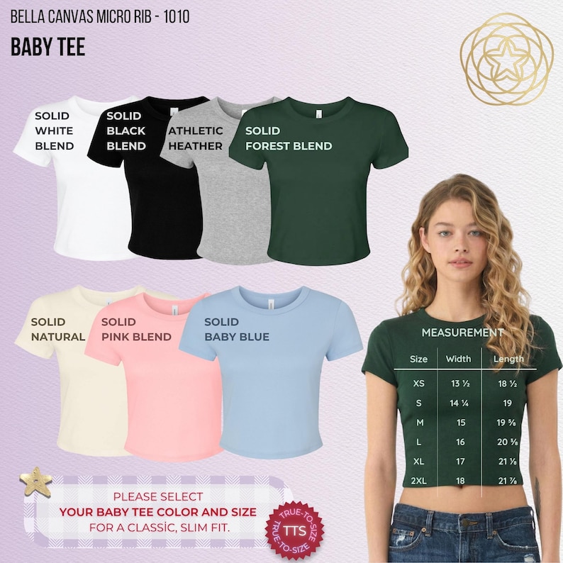 May include: Bella Canvas 1010 micro rib baby tees in solid white, black, athletic heather, forest, natural, pink, and baby blue. Includes a size chart with width and length measurements in inches for sizes XS to 2XL, ranging from 13.5 to 21.25 inches.