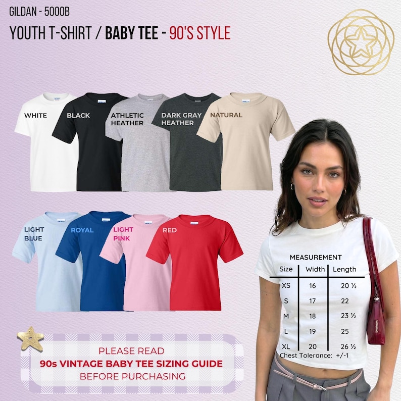 May include: A Gildan 5000B youth t-shirt and baby tee sizing guide featuring nine color options: white, black, athletic heather, dark gray heather, natural, light blue, royal, light pink, and red. Includes a measurement chart for sizes XS to XL.