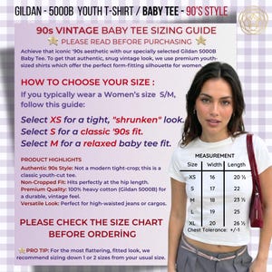 May include: A white short-sleeved t-shirt worn by a person, accompanied by a sizing guide chart. The text includes GILDAN 5000B YOUTH T-SHIRT, 90S VINTAGE BABY TEE SIZING GUIDE, and a measurement table listing sizes XS to XL with width and length in inches.
