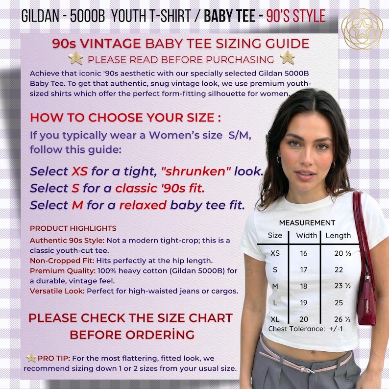 May include: A white short-sleeved t-shirt worn by a person, accompanied by a sizing guide chart. The text includes GILDAN 5000B YOUTH T-SHIRT, 90S VINTAGE BABY TEE SIZING GUIDE, and a measurement table listing sizes XS to XL with width and length in inches.