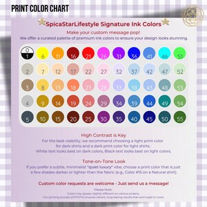 以下が含まれることがあります： SpicaStarLifestyle Signature Ink Colorsと題されたカラーチャートで、様々な色合いの番号付き円形見本がグリッド状に並んでいます。チャートには、高コントラスト、トーン・オン・トーンの外観、カスタムリクエストに関するテキストの説明が含まれています。