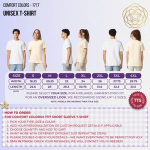 以下が含まれることがあります： Comfort Colors 1717ユニセックスTシャツのサイズ表。白とクリーム色のTシャツを着たモデルの正面、側面、背面の画像。Sから4XLまでのサイズに対応するインチ単位の幅と長さの測定値を示す表と、注文手順が記載されています。
