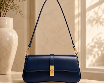 Navy Blue Leather Baguette Bag, Gold Clasp Shoulder Purse, Structured East-West Handbag for Women