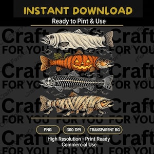 May include: A digital graphic design featuring four stacked fish illustrations. The top fish is wrapped in white bandages, the second is an orange pumpkin jack-o'-lantern fish, the third is a fish skeleton, and the bottom is a mummy-wrapped fish.