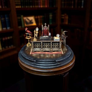 Może przedstawiać: Miniaturowe biurko z czerwonym krzesłem, Tiarą Przydziału i małą statuetką papugi. Brązowe biurko ma skomplikowane rzeźbienia i stoi na okrągłej, warstwowej drewnianej podstawie. Rozmyte tło biblioteki.