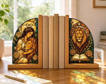 Lion Bookends, Gentle Strength Stained Glass Style Bookend Pair, Glass and Wood Bookshelf Decor, Book Lover Gift, Reading Nook Decor