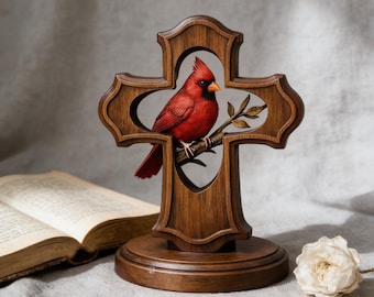 Handcrafted Wooden Cardinal Cross, Memorial & Religious Decor, Carved Wood Bird Sculpture, Christian Home Ornament, Gift for Loved Ones